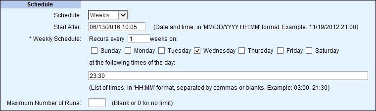 minute). Enter the Weekly Schedule. See the following example.