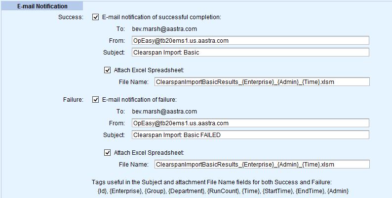For worksheet imports that are successful and not successful, select whether to send an E-mail notification, specify the From address and Subject, and select whether to attach a spreadsheet.