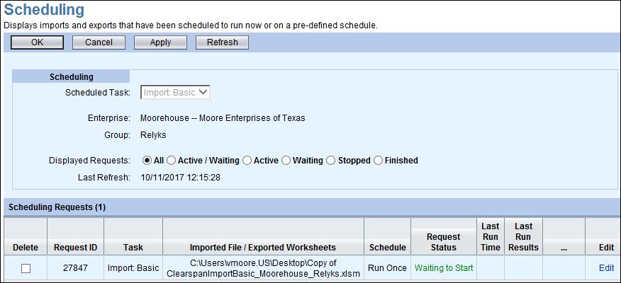 VIEWING SCHEDULED IMPORTS The Scheduling page displays imports and exports that have been scheduled to run now or on a