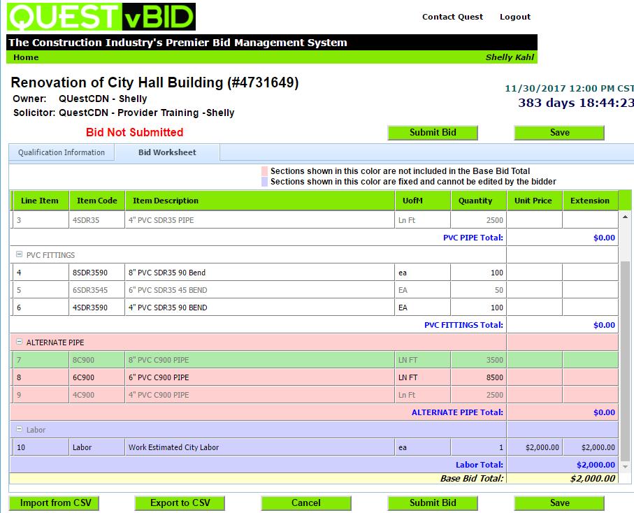 Bid Worksheet Tab Work Sheet Sections White sections are part of the Base Bid and require that you bid each item before submitting.