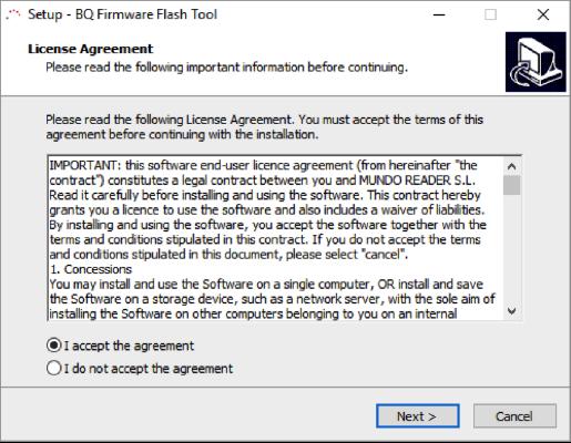 The BQ Firmware Flash Tool Wizard will open automatically. 1. Select the language and click Accept to begin. 2.