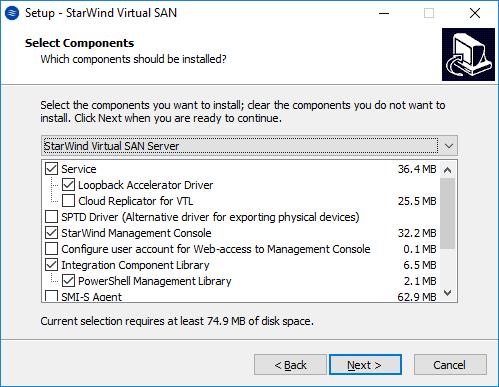 17. Select the following components for the minimum setup: StarWind Virtual SAN Service StarWind service is the core of the software.