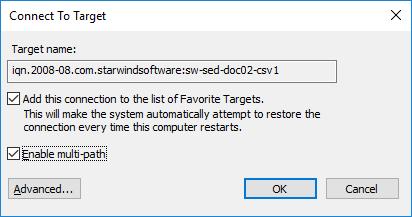 64. Select the target for the CSV device, discovered from the partner StarWind node and click Connect. 65.
