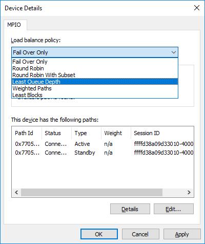 74. Repeat the same steps for each device on both nodes. 75. Round Robin or Least Queue Depth MPIO policy can be set in the Device Details window. 76.