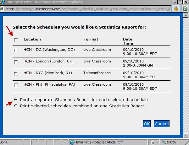 As evaluation responses are sent, you may print a Statistics Report that will summarize responses from either individual schedule locations, or a