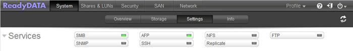 Select System > Settings > Services to display the Services section with the file-sharing protocols on