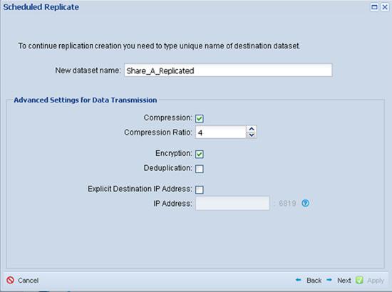 4. Configure the settings on the first screen as explained in the following table: Item Name Replicate From Save To Description Keep the default name for the replication configuration, or overwrite