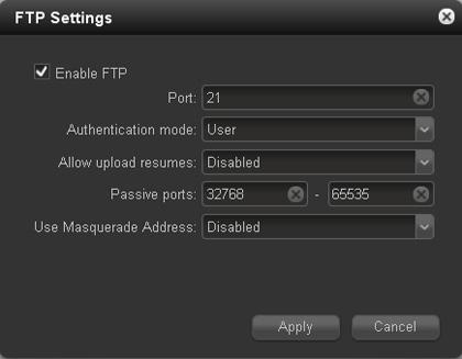 2. Configure the settings as explained in the following table: Item Enable FTP Port Authentication mode Allow upload resumes Passive ports Use Masquerade Address Description Select the check box to