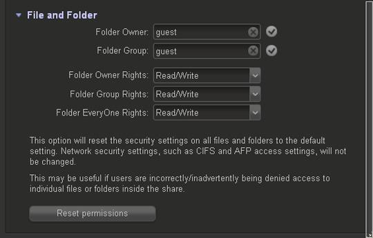 The following table explains the file and folder access settings: Item Folder Owner Folder Group Folder Owner Rights Folder Groups Rights Folder EveryOne Rights Setting You can assign a single user