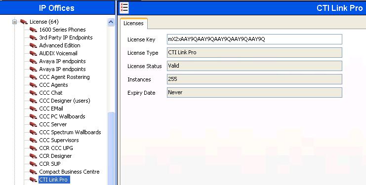Scroll down the left pane and select License CTI Link Pro, to display the CTI Link Pro screen in the right pane.