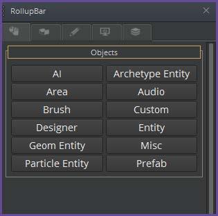 Rollup Bar The Rollup Bar contains access to many objects, entities and tools for creating and