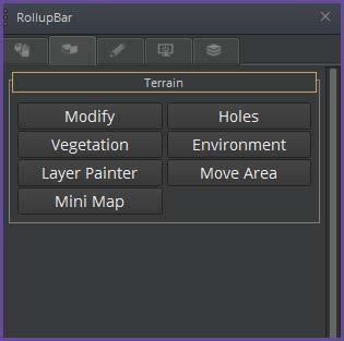 These tools are separated into five tabs: Objects, Terrain, Modeling, Display and Layers.