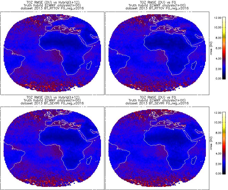 Page: 38/48 Figure 17: Spatial distribution of the TOZ RMSE over validation points in 2013 for odd pixels dataset. (top) BT_RTTOV case (bottom) BT_SEVIRI case.