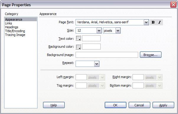 How to set document properties You can use the Page Properties dialog box to set page layout and formatting properties, such as a default font family, font size, font color, and background color.