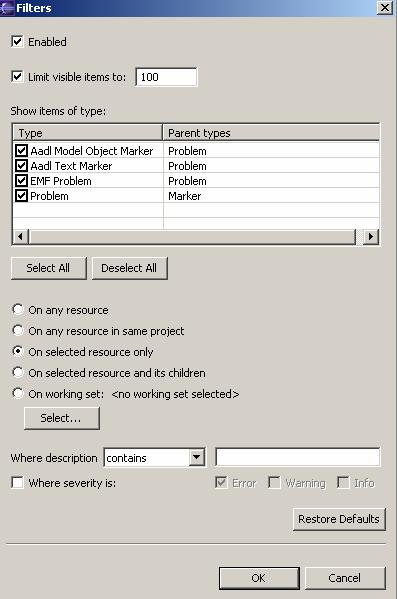1 Reporting of Errors and Warnings Any errors, warnings, and information will be reported in the Problems view. This view can be opened by going to Window and Show View and select Problems.