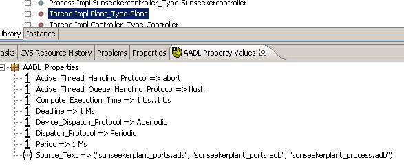 An AADL property values view that shows the values of AADL properties associated with a selected AADL model object. This view can be opened by selecting Window, Show view, Other.