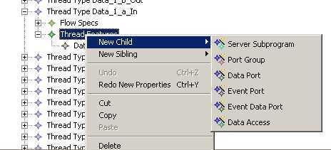 This menu will contain submenus for Create child and Create sibling. The same menu entries are available in the menu bar under Aadl Editor.