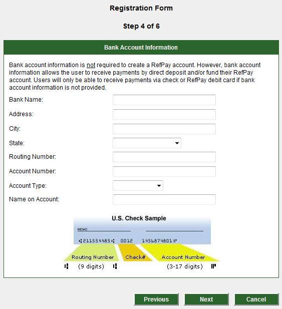 Enter Bank Information To receive payments through direct deposit your bank information is required.