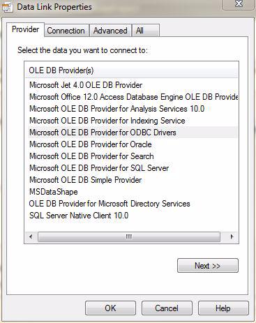 6 Go to the Provider tab and select the Microsoft Jet 4.0 OLE DB Provider from the OLE DB Provider(s) list and click Next.