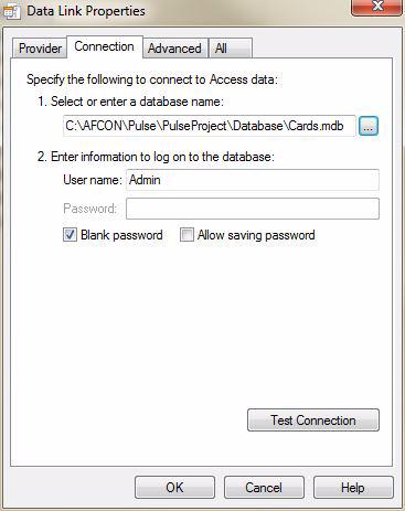 .. button to browse for the database name in the Select or enter a database name field (i.e., C:\AFCON\Pulse\[PulseProject]\Database\Cards.
