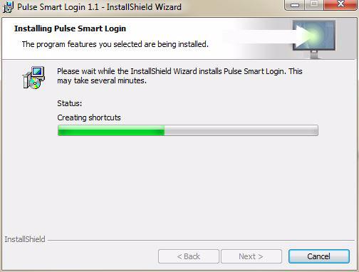 7 Click Install. The Installing Pulse Smart Login window is displayed showing the installation status on the progress bar.