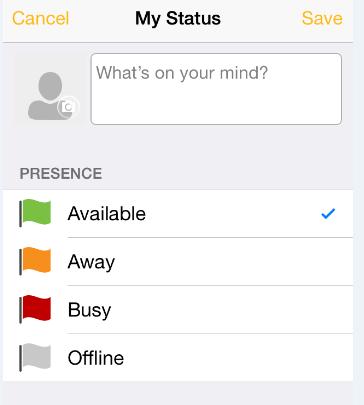 Contacts ~ Call ~ Chat ~ History ~ Settings Presence You can set your