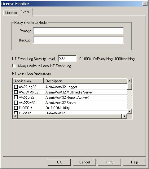 License Utility Events Tab The Events tab of the License Monitor, shown in the figure below, allows you to relay events from the GenEvent Server to a Primary or Backup node.