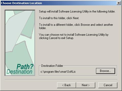 License Utility Figure 6. User Information Dialog Box 9. Choose the destination directory for the installation, as shown in the figure below. This defaults to C:\Program Files\Smar\SoftLic.