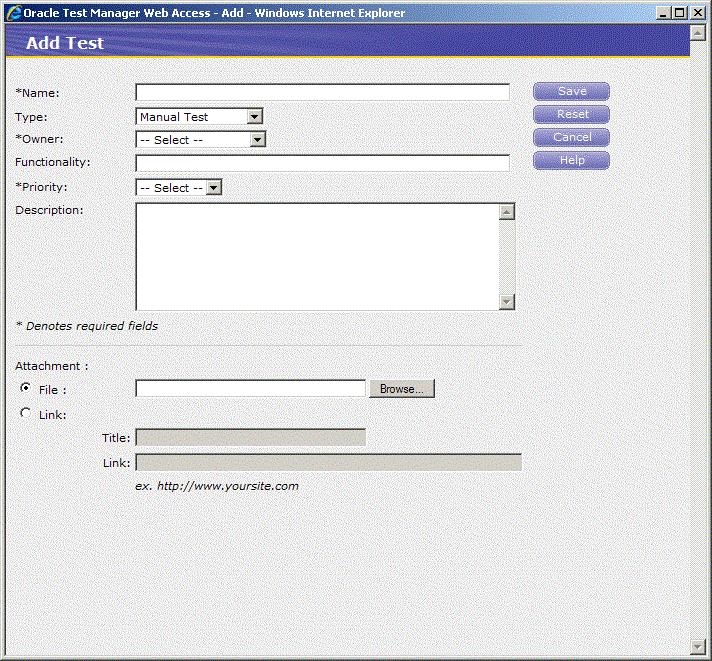 Example 3: Adding Tests Figure 5 11 Add Test Window 4. Enter "Verify customer chart view of portfolio" in the Name field. 5. Select Manual Test in the Type field. 6.