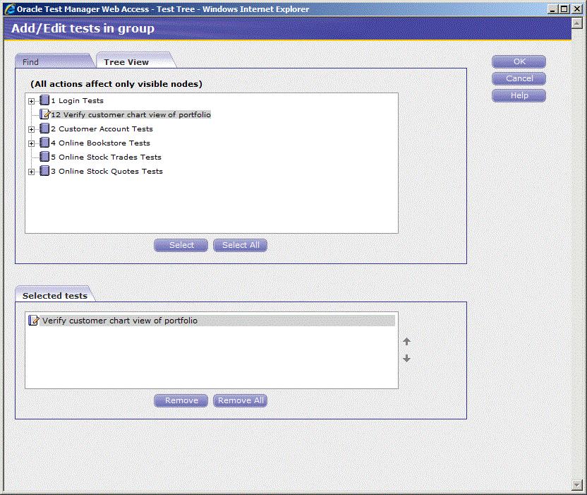 Example 4: Creating Test Sets and Running Tests Figure 5 21 Add/Edit test in group dialog box with Test Selected 5. Expand item 2 Customer Account Tests. 6.