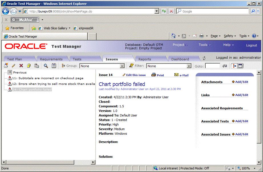 Example 5: Adding an Issue Figure 5 32 Issues Tab with New Issue Added 12. Click Add/Edit next to Associated Tests in the right pane to display the Associate Test dialog box.