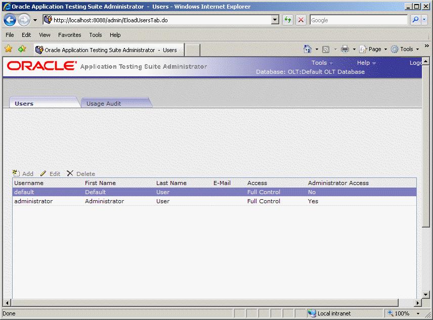 Oracle Application Testing Suite Administrator Main Window Features Figure 2 2 Users Tab for Oracle Load Testing Users For Oracle Test Manager