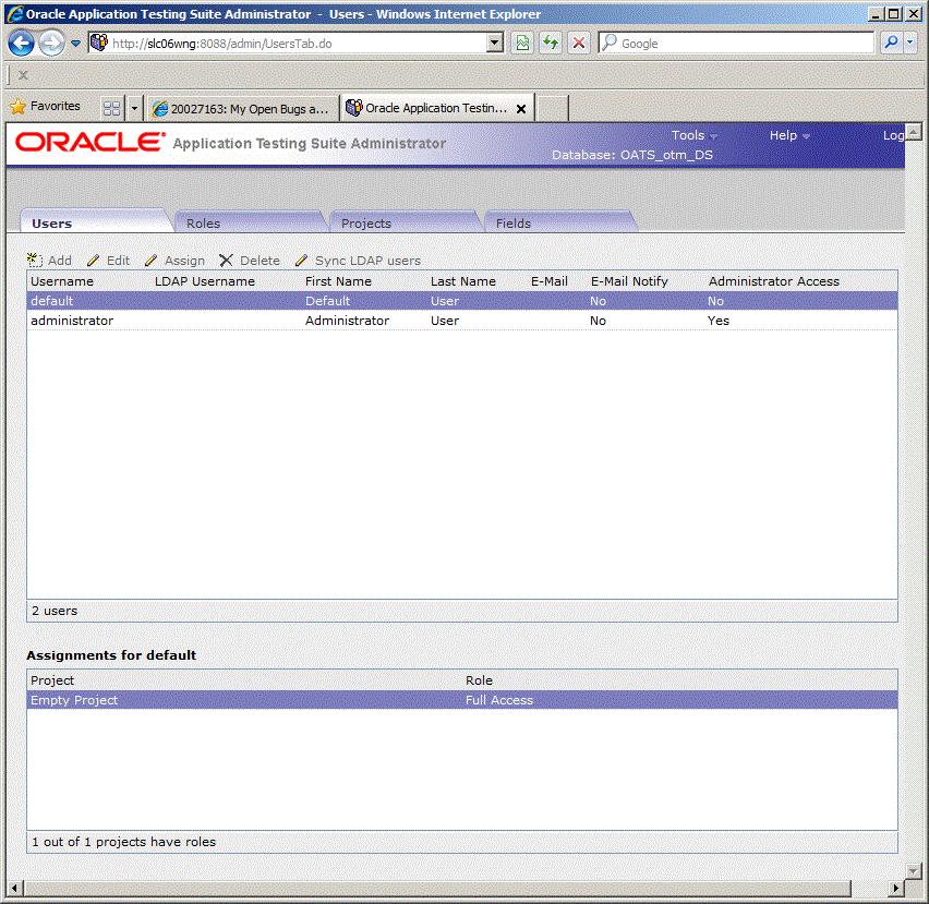 Oracle Application Testing Suite Administrator Main Window Features Figure 2 3 Users Tab for Oracle Test Manager Users The Users tabs can have the following options: Add - displays the Add User