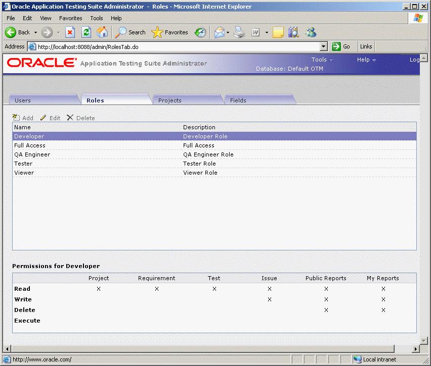 Oracle Application Testing Suite Administrator Main Window Features from project to project. Click Assign on either the Projects tab or Users tab to assign roles.