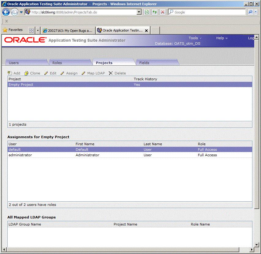 Oracle Application Testing Suite Administrator Main Window Features 2.2.4 Projects Tab Public Reports - displays the read, write, and delete permissions for public reports assigned to this role.