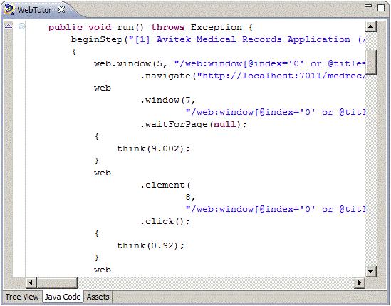 Oracle OpenScript Main Window Features Figure 2 10 Script Java Code View The Java Code view has the following standard procedures: initialize() - corresponds to the Initialize node of the Tree View