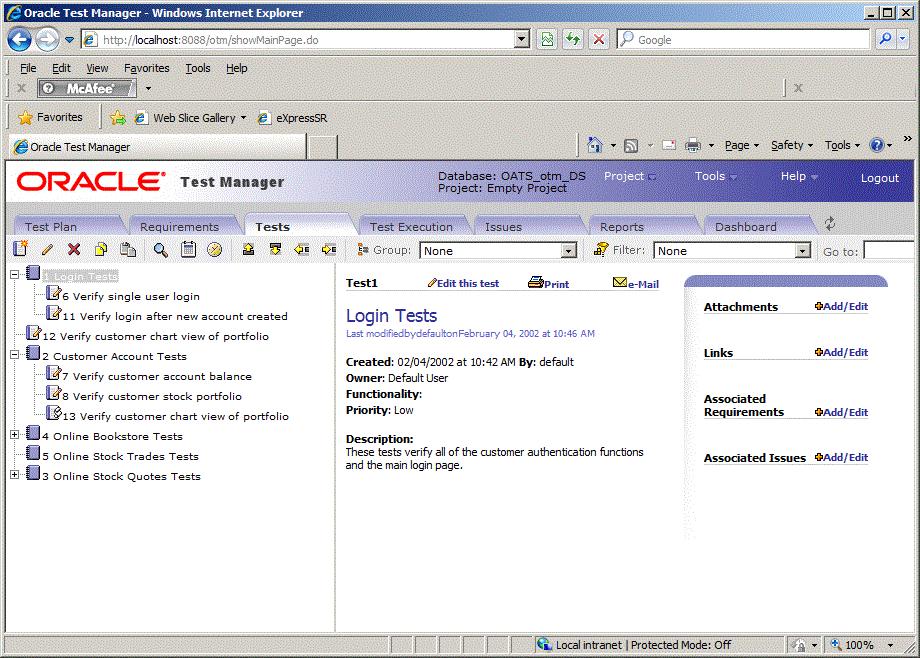 Oracle Test Manager Main Window Features Click Print to print the right pane. Click e-mail to e-mail the requirement. The title and description are automatically copied to the e-mail.