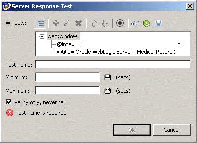 Example 4: Adding Tests to the Script Figure 3 12 Server Response Test Properties Dialog Box 5. Type WebTimer1 as the test case name. 6. Set the Minimum time to 0 seconds. 7.