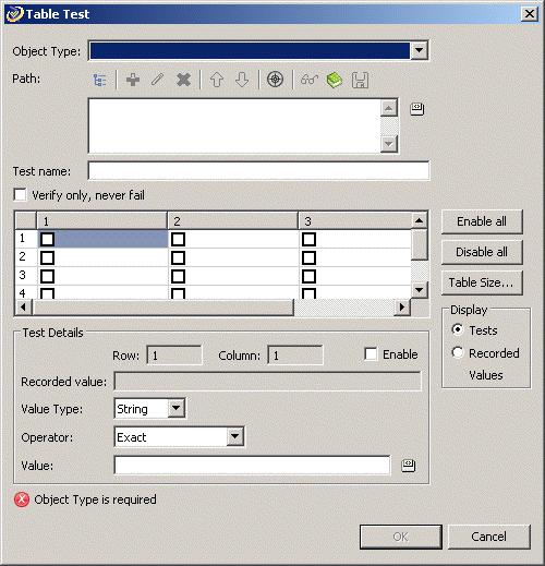 Example 4: Adding Tests to the Script Figure 3 14 Table Test Properties Dialog Box 5. Click the select Capture object in browser button next to the Path field and select Capture Object from the menu.