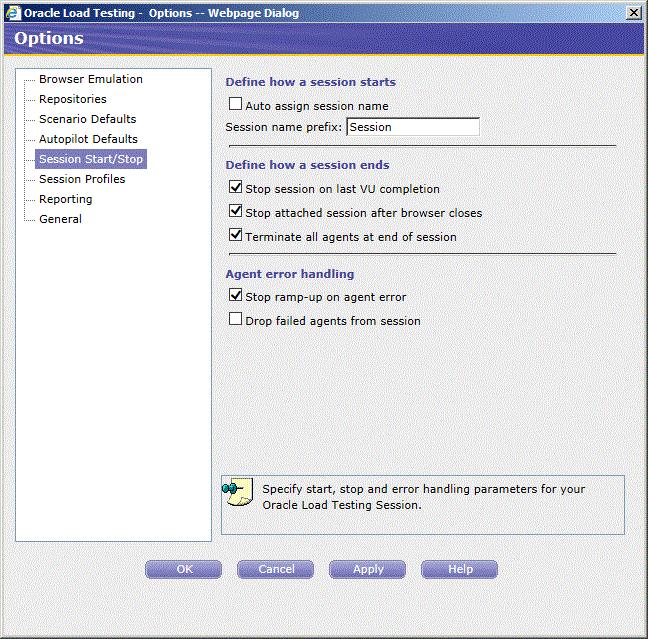 Example 4: Creating a Scenario with Multiple Profiles Figure 4 14 Session Start/Stop Options Dialog Box 2.