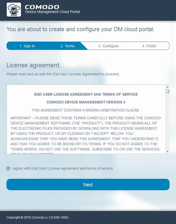 Read the agreement and select the 'I agree with End User License agreement and terms of service' checkbox. Click 'Next'.