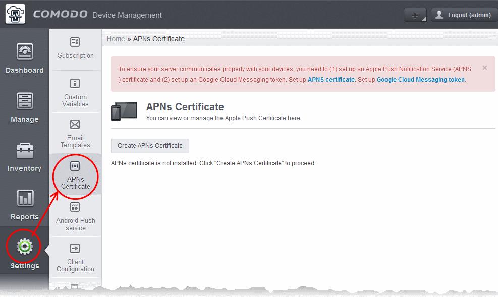 Click the 'Create APNs Certificate' button at the top-right to open the APN certificate