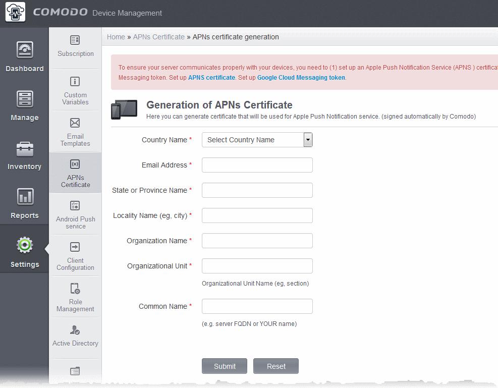 The fields on this form are for a Certificate Signing Request (CSR): Complete all