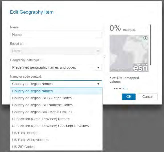 Figure 2 - Geography Item Editor with predefined contexts For any other regional area or special region, the customer would need to register their own polygon data representing their own custom