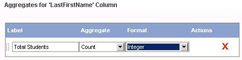 Click on the Summary icon in the LastFirstName column Select Add an Aggregate Label: Total Students Aggregate: Count Format: Integer Press OK Go to the last page to see the summary Width The table