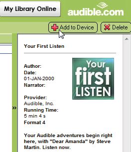 English Use bookmarks To check the audio books transferred to the player, See the player pane on AudibleManager. If necessary, click Refresh Device.