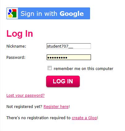 Logging In Page 1 Glogster-Logging In Monday, September 24, 2012 8:29 AM Glogster Link What s a Glogster? It s a virtual interactive poster. IMPORTANT: We use generic log ins.