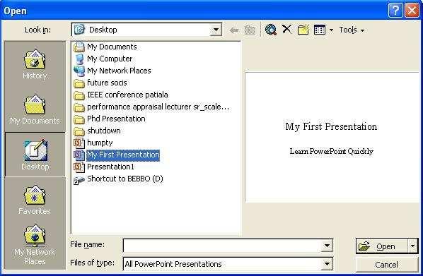 2. Select the directory from the directories list, which contain the presentation file. 3. Select presentation file from the file name list box and than click on OK to open a presentation.