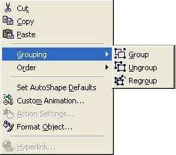 To group the objects Select all the images that will be grouped by holding down the SHIFT key and clicking once on each image. Then select Group from the Draw menu.