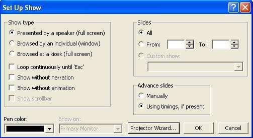 of the PowerPoint window (also shown in the figure). OR On the Slide Show menu, click View Show. OR On the View menu, click Slide Show. OR simply Press F5.